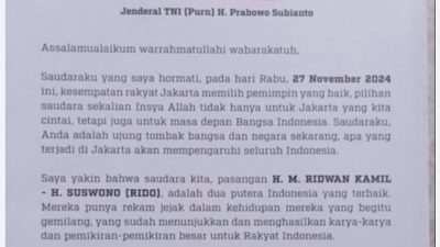 Terang Terangan, Ketua Umum Partai Gerindra Ajak Masyarakat Dukung Ridwan Kamil-Suswono