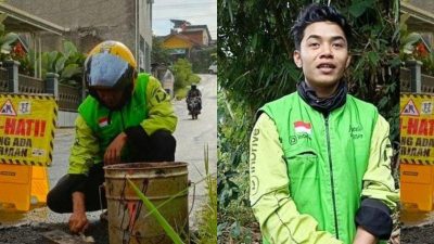TAMBAL JALAN BERLUBANG Ojol tambal jalan